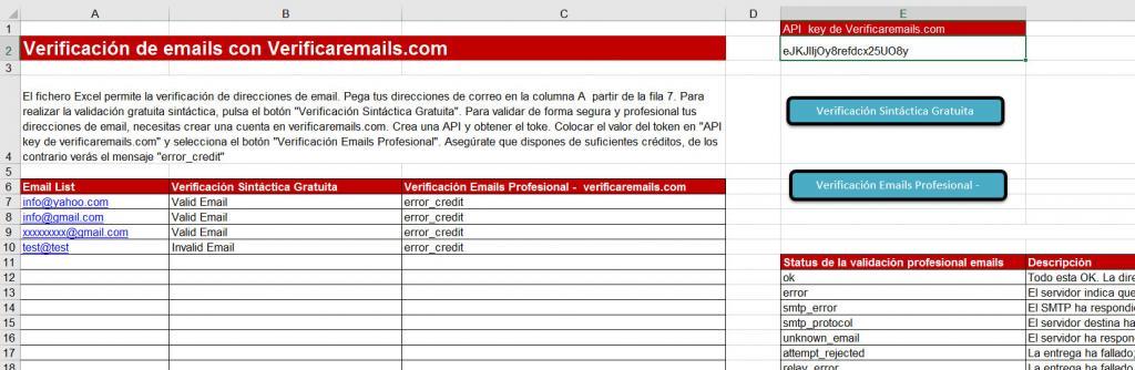 Fichero Excel verificación emails