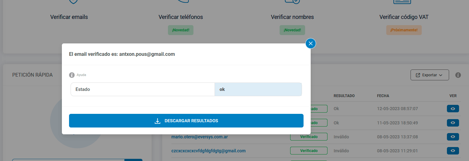 Resultado comprobar email individual