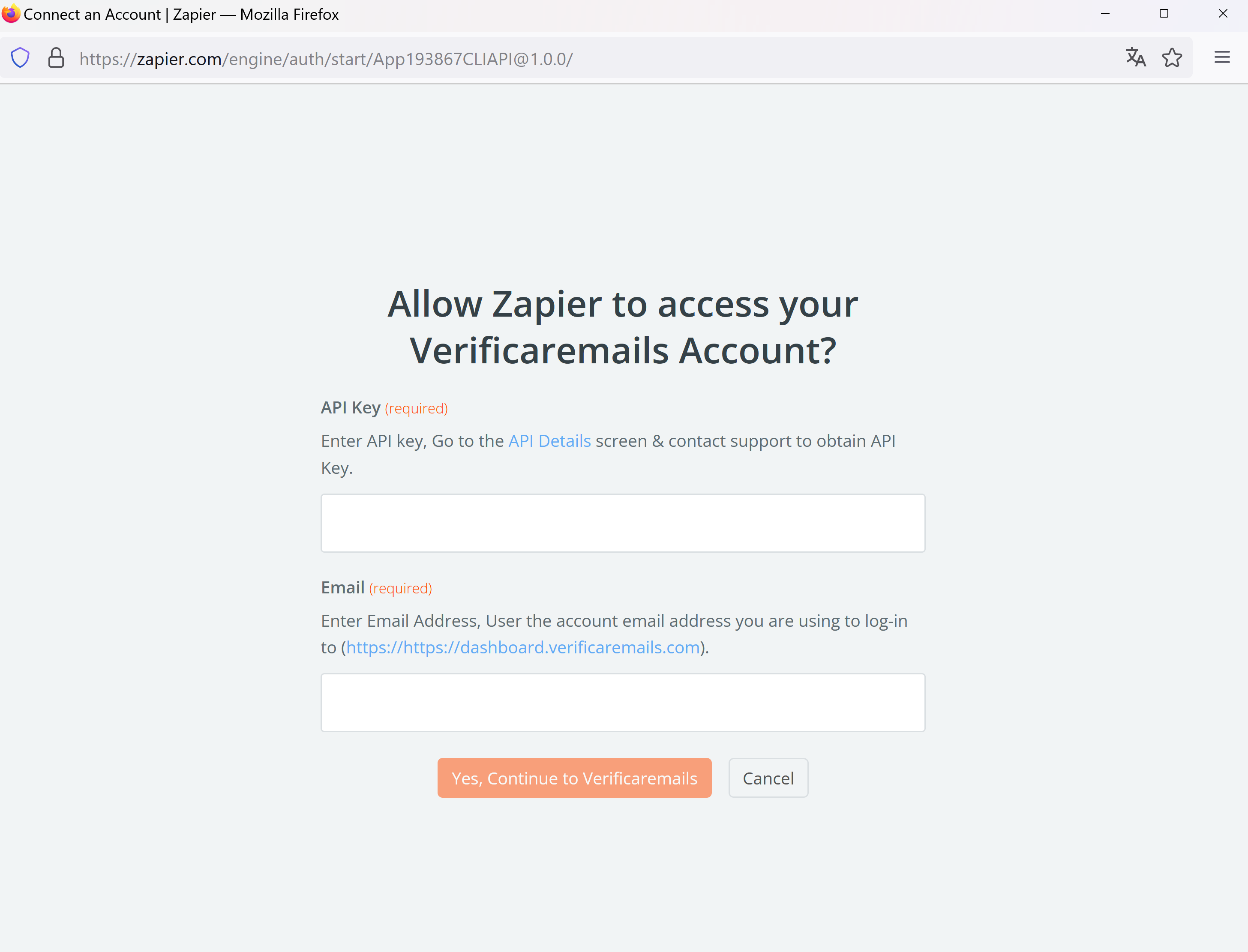 Zapier Credentials Verificaremails