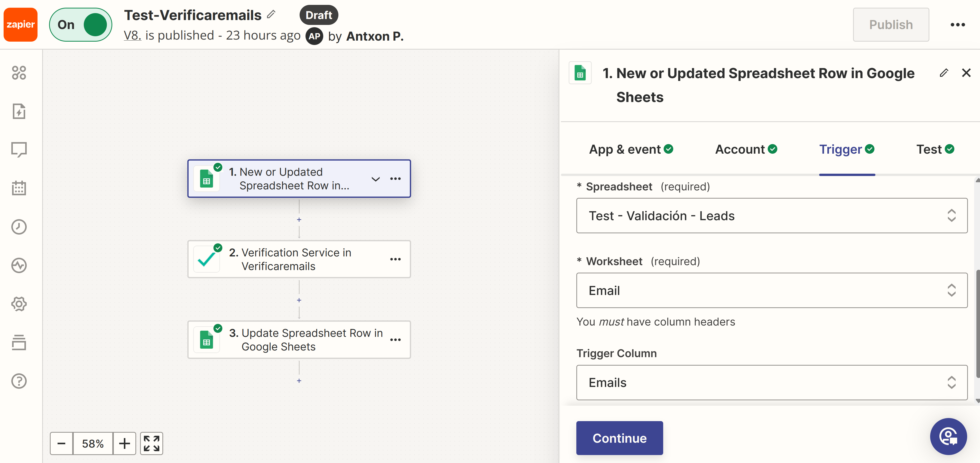 Zapier - Seleccionar hoja google Sheet