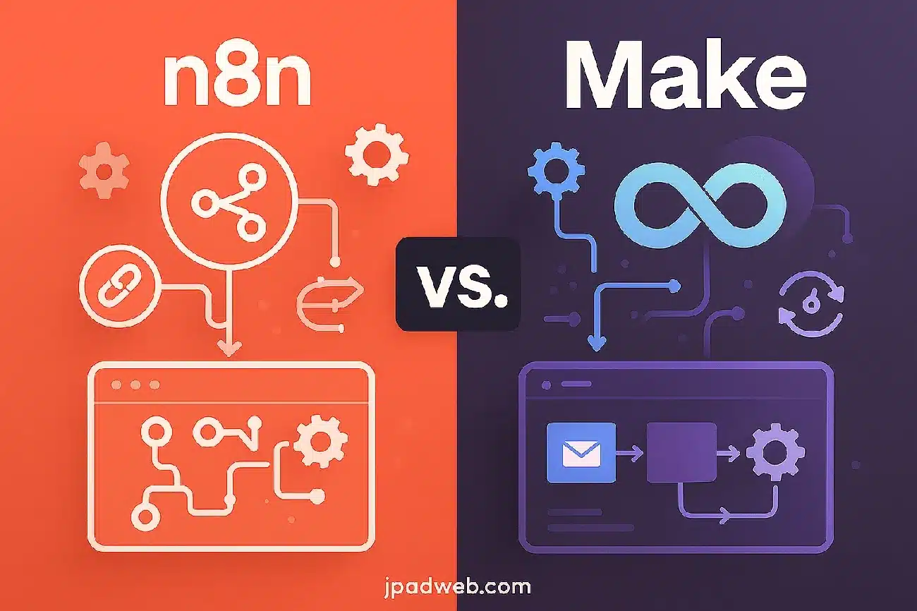 Comparison chart of N8N and Make automation platforms with flowchart icons and contrasting backgrounds.