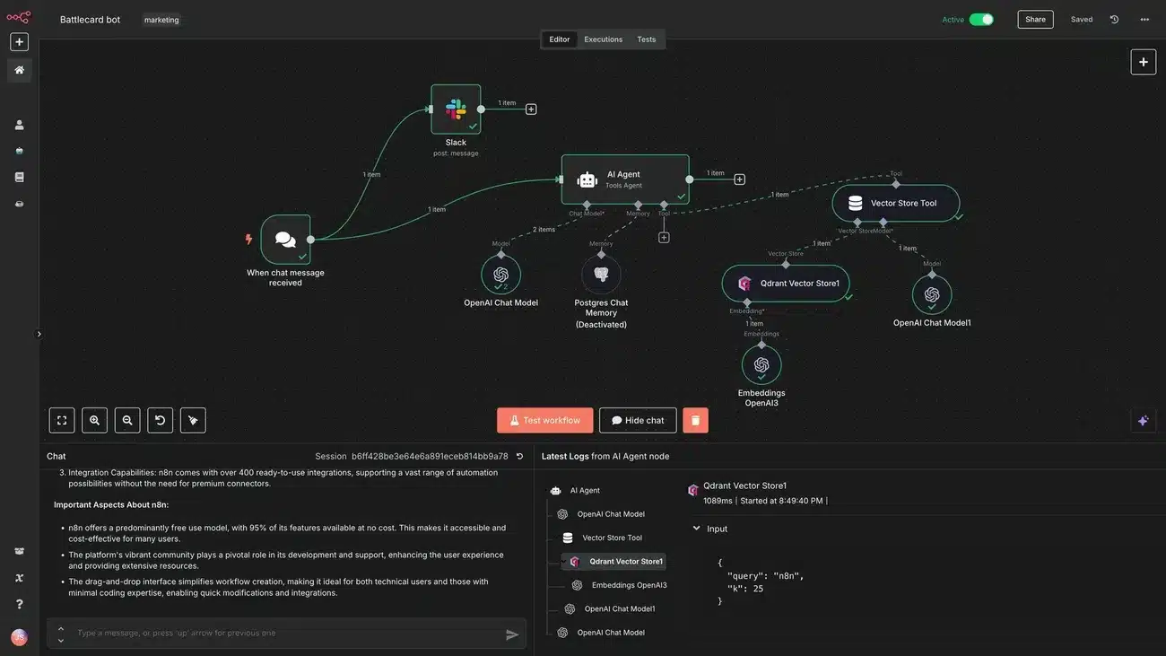 Captura de pantalla de la interfaz de n8n.io para automatización workflows que muestra un bot de Battlecard integrando Slack, un Agente de IA y herramientas de vector store.