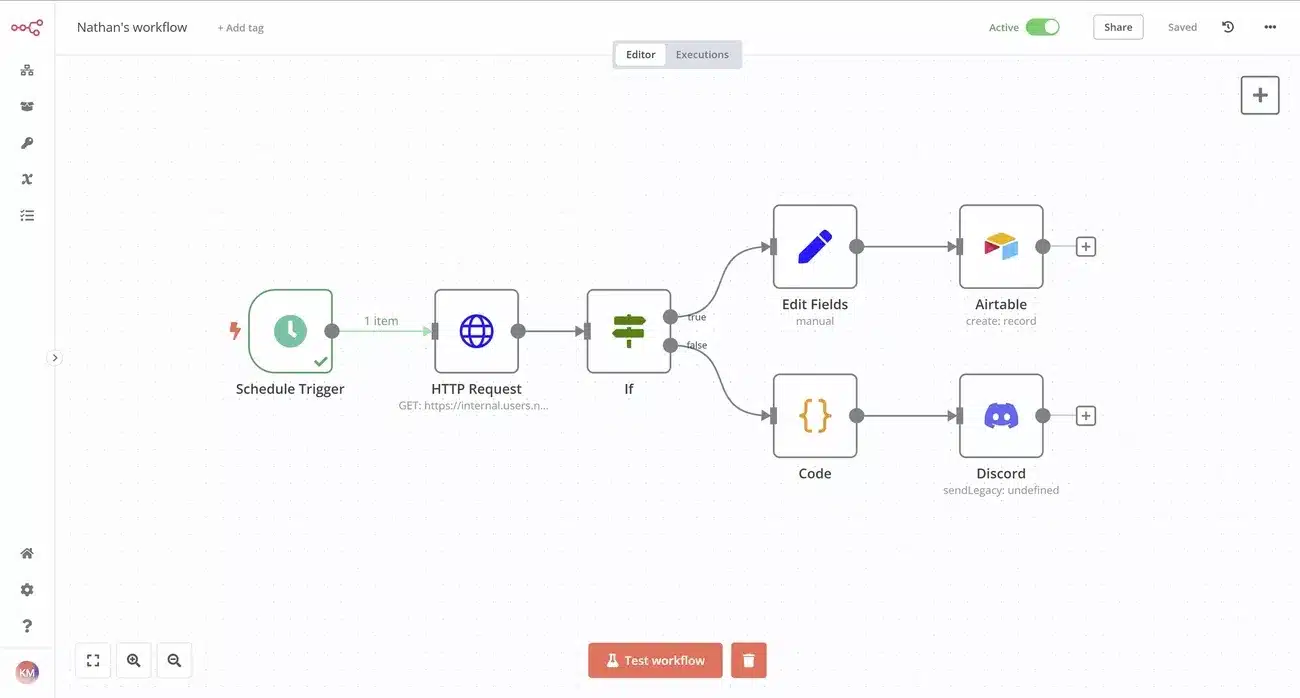 Screenshot of an automation workflow in n8n showing scheduled triggers, HTTP requests, conditional logic, and integrations with Airtable and Discord. ✅