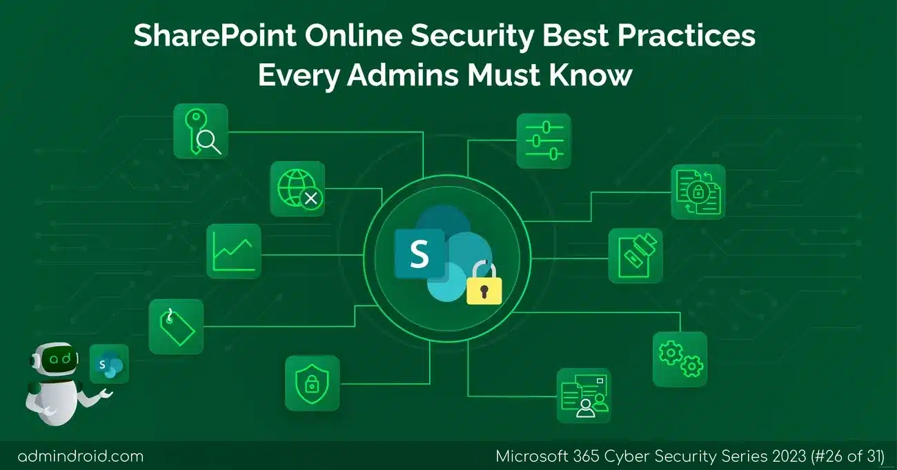 Diagrama con 15 prácticas clave de seguridad en SharePoint Online para administradores, con íconos y una mascota robot.