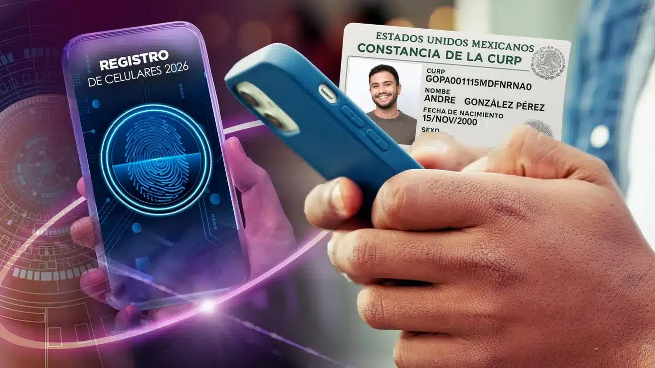 Person holding a phone and Mexican CURP card next to a digital fingerprint scan for 2026 cellphone registration.