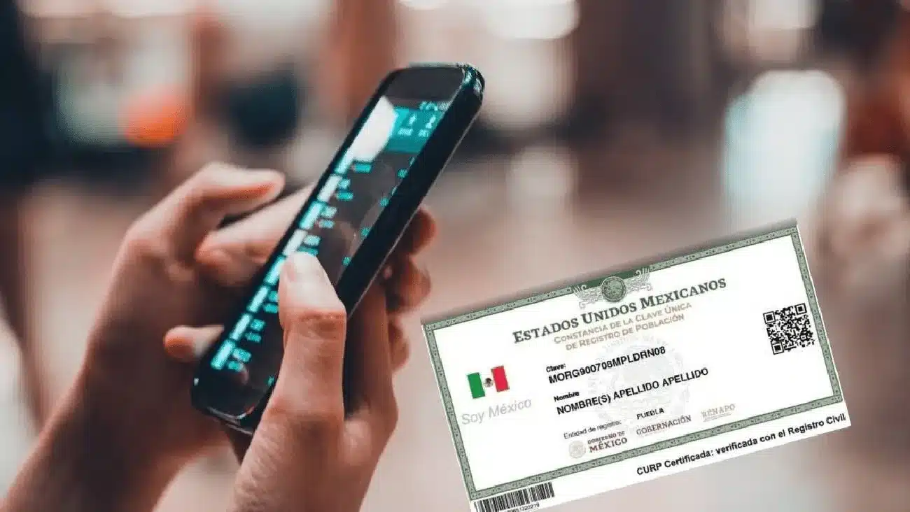 Person holding a smartphone with a Mexico CURP digital registration card displayed next to him.