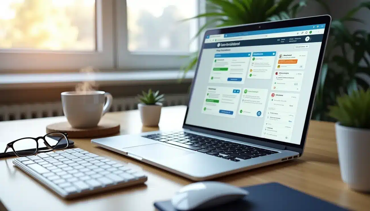 Laptop auf dem Schreibtisch zeigt ein E-Mail-Validierungs-Dashboard an, mit Tastatur, Maus, Brille und Kaffeetasse in der Nähe in einer hellen Büroatmosphäre.